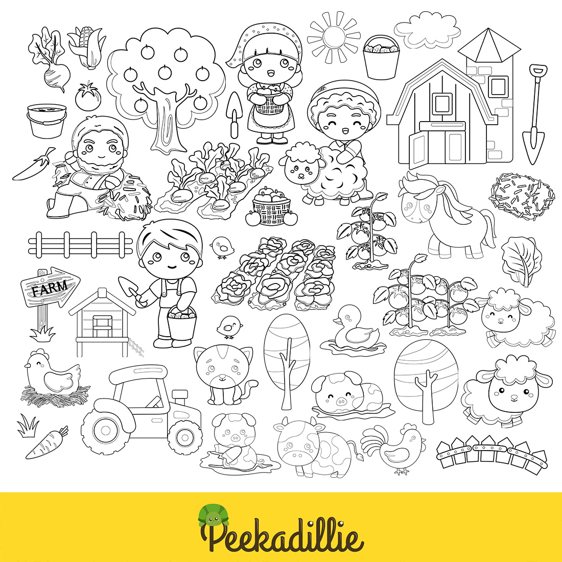 Bundles Art Family Activity At The Farm with Kids Parents Animals Farmer House Barn Cow Chicken Horse Harvesting Vegetables Plants Cartoon Digital Stamp Outline Black and White preview image.