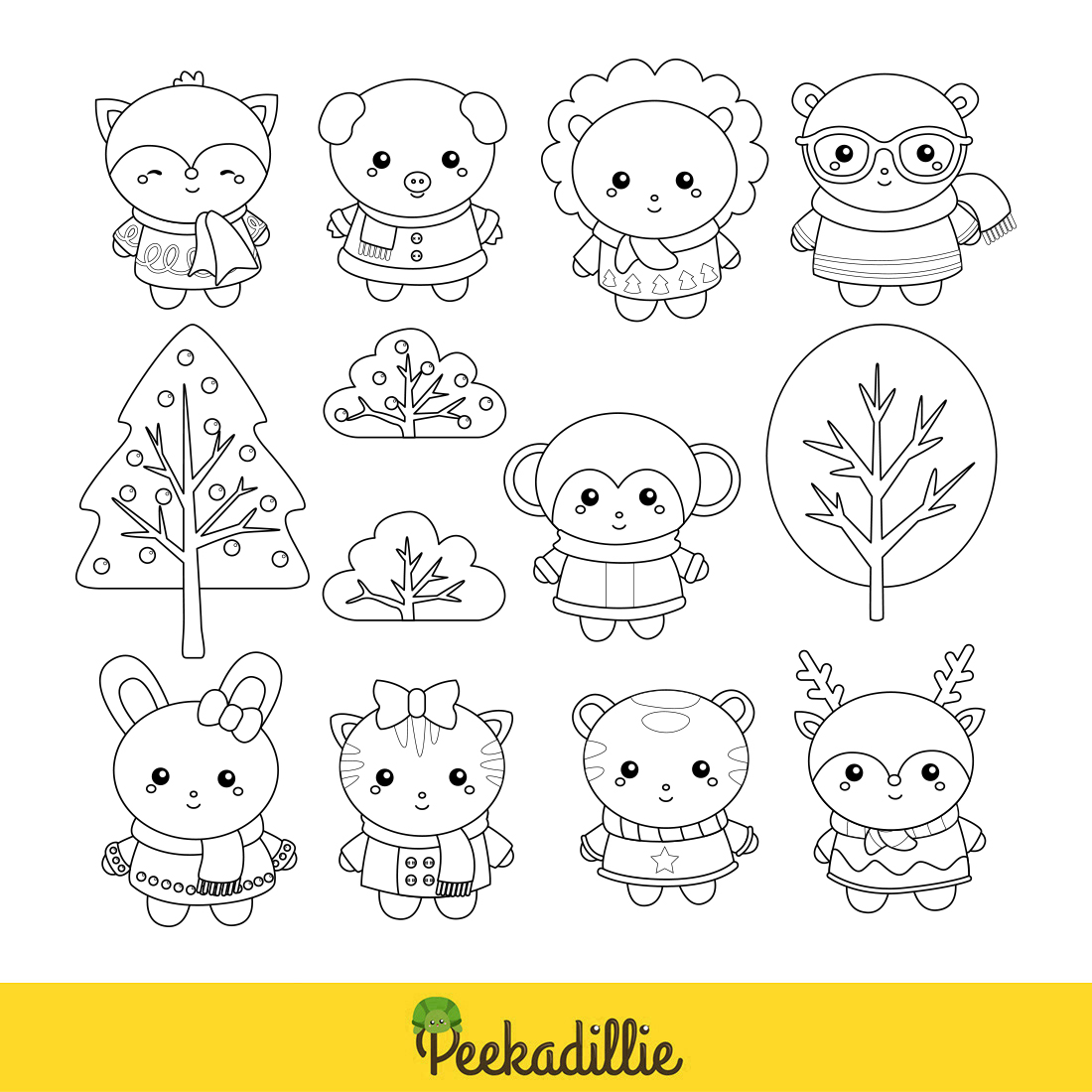 Cute and Funny Winter Animal Holiday Season Christmas Nature Monkey Rabbit Raindeer Tiger Cat Squirrel Fox Bear Cartoon Digital Stamp Outline preview image.