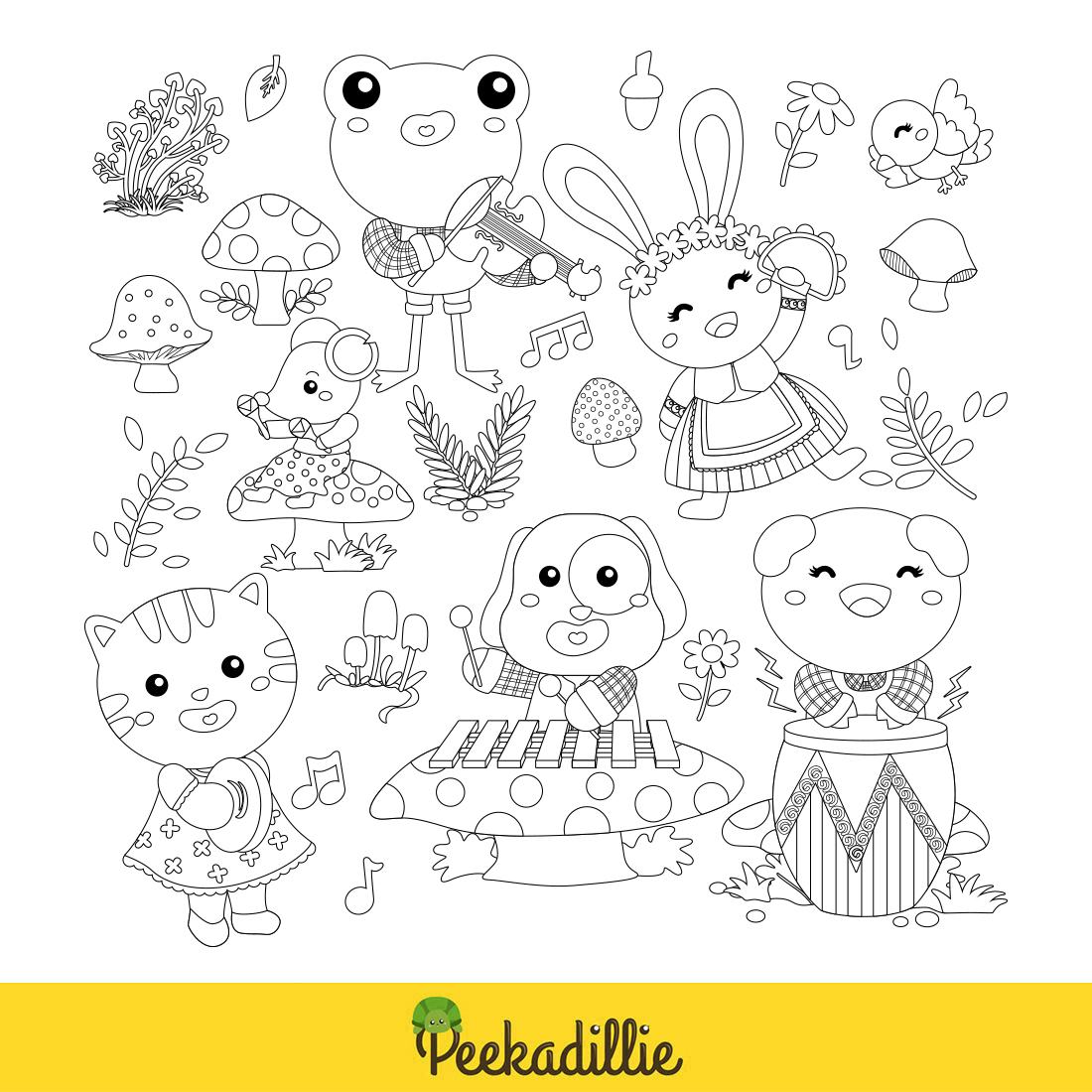 Colorful Cute and Funny Animal Musicians Playing Learning Performance Musical Instrumental Melody Sing Cartoon Digital Stamp Outline Black and White preview image.