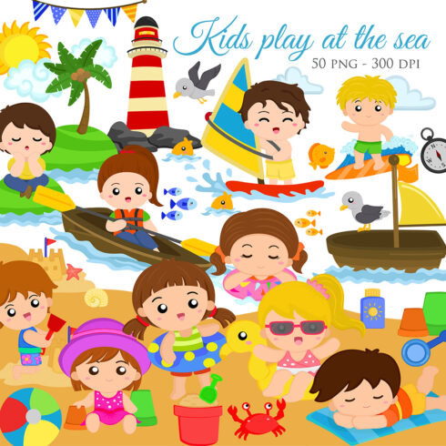 Kids Play At The Sea Water Sport Summer Holiday Beach Fun Happy Summer Friends Bundles Art Cartoon Illustration Vector Clipart Sticker Decoration Background cover image.