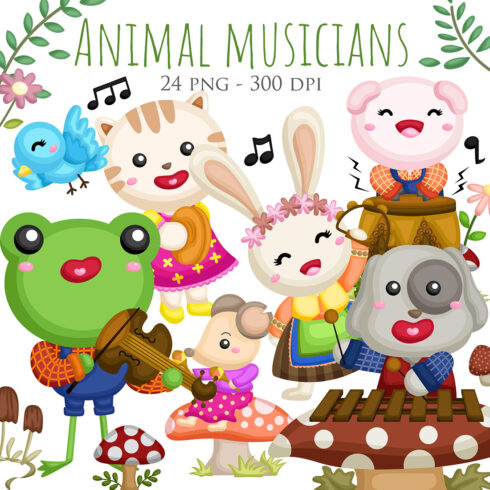 Colorful Cute and Funny Animal Musicians Playing Learning Performance Musical Instrumental Melody Sing Cartoon Illustration Vector Clipart Sticker Decoration Background cover image.