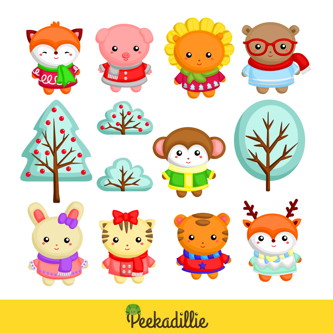Cute and Funny Winter Animal Holiday Season Christmas Nature Monkey Rabbit Raindeer Tiger Cat Squirrel Fox Bear Cartoon Illustration Vector Clipart Sticker Background Decoration preview image.
