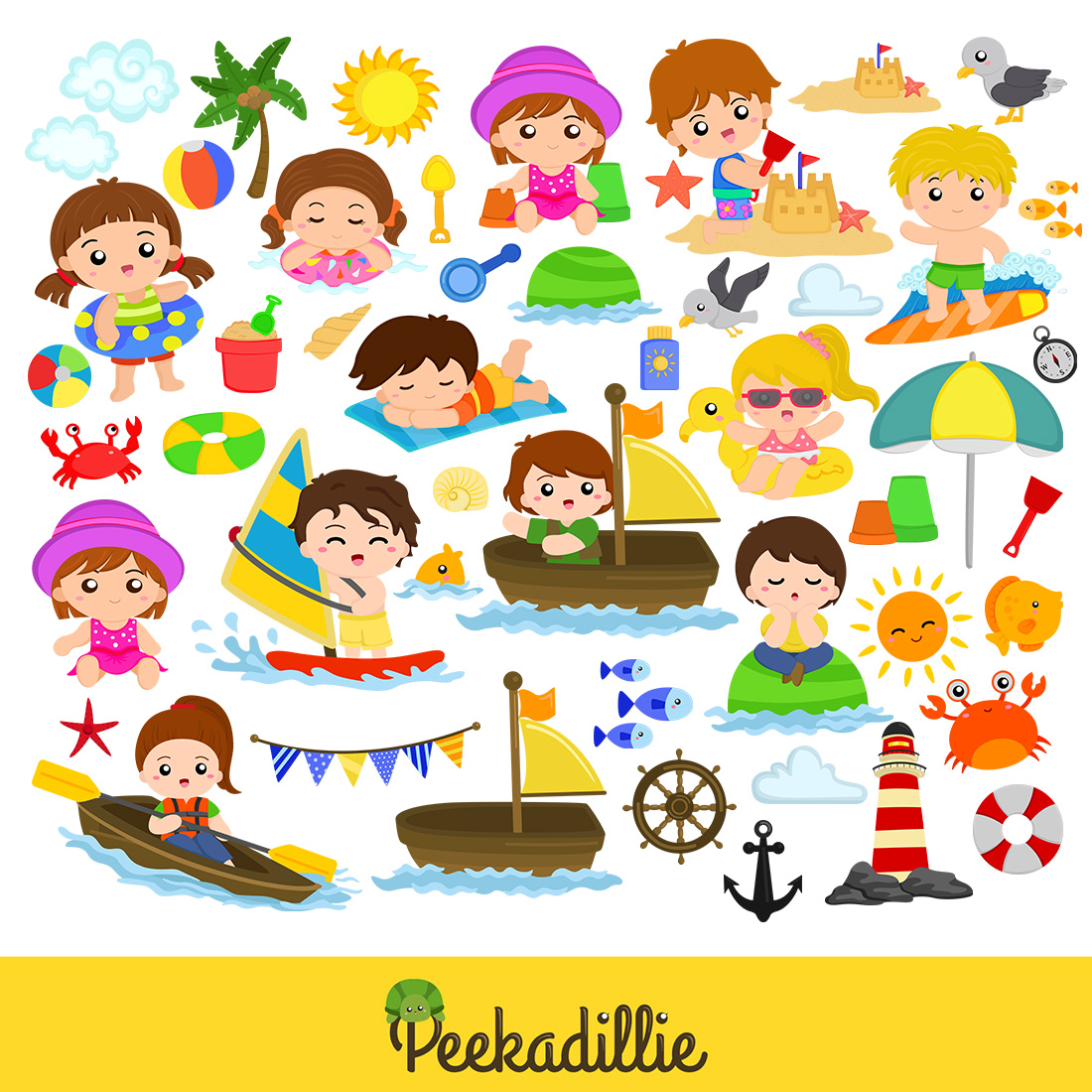 Kids Play At The Sea Water Sport Summer Holiday Beach Fun Happy Summer Friends Bundles Art Cartoon Illustration Vector Clipart Sticker Decoration Background preview image.