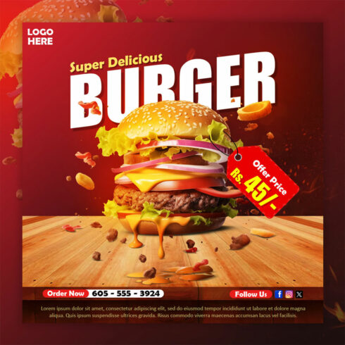 Super Delicious burger and food menu social media banner or Instagram post template cover image.