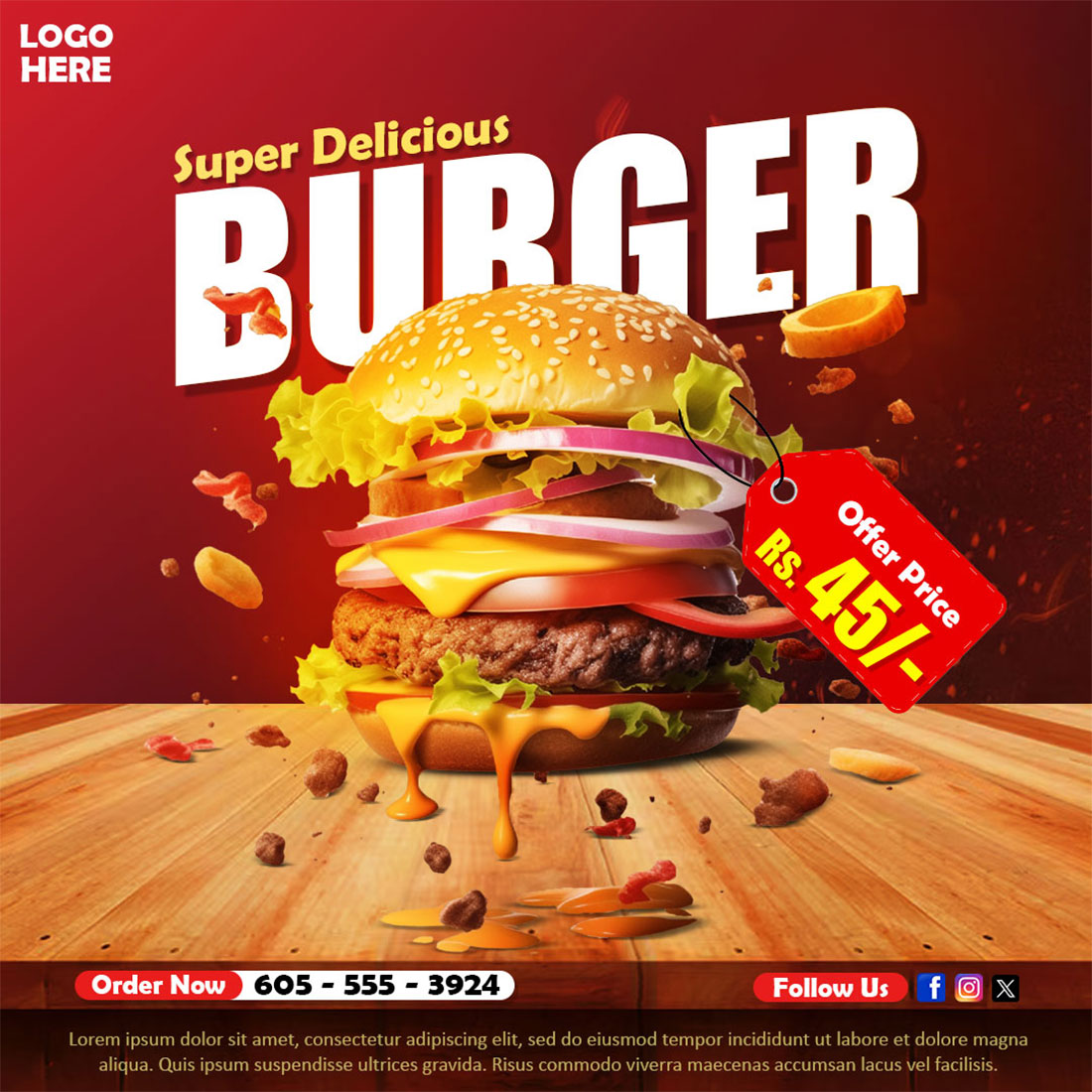 Super Delicious burger and food menu social media banner or Instagram post template preview image.