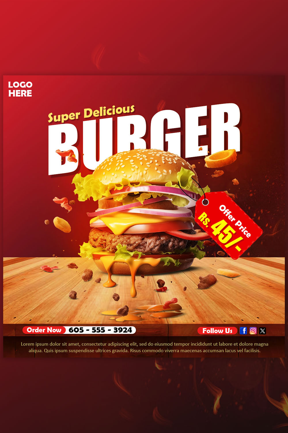Super Delicious burger and food menu social media banner or Instagram post template pinterest preview image.