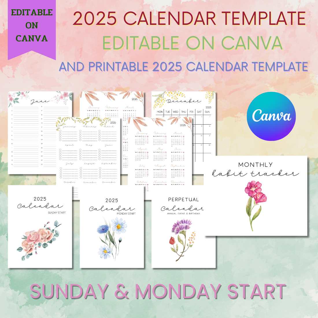 2025 Calendar Template - Editable on Canva cover image.