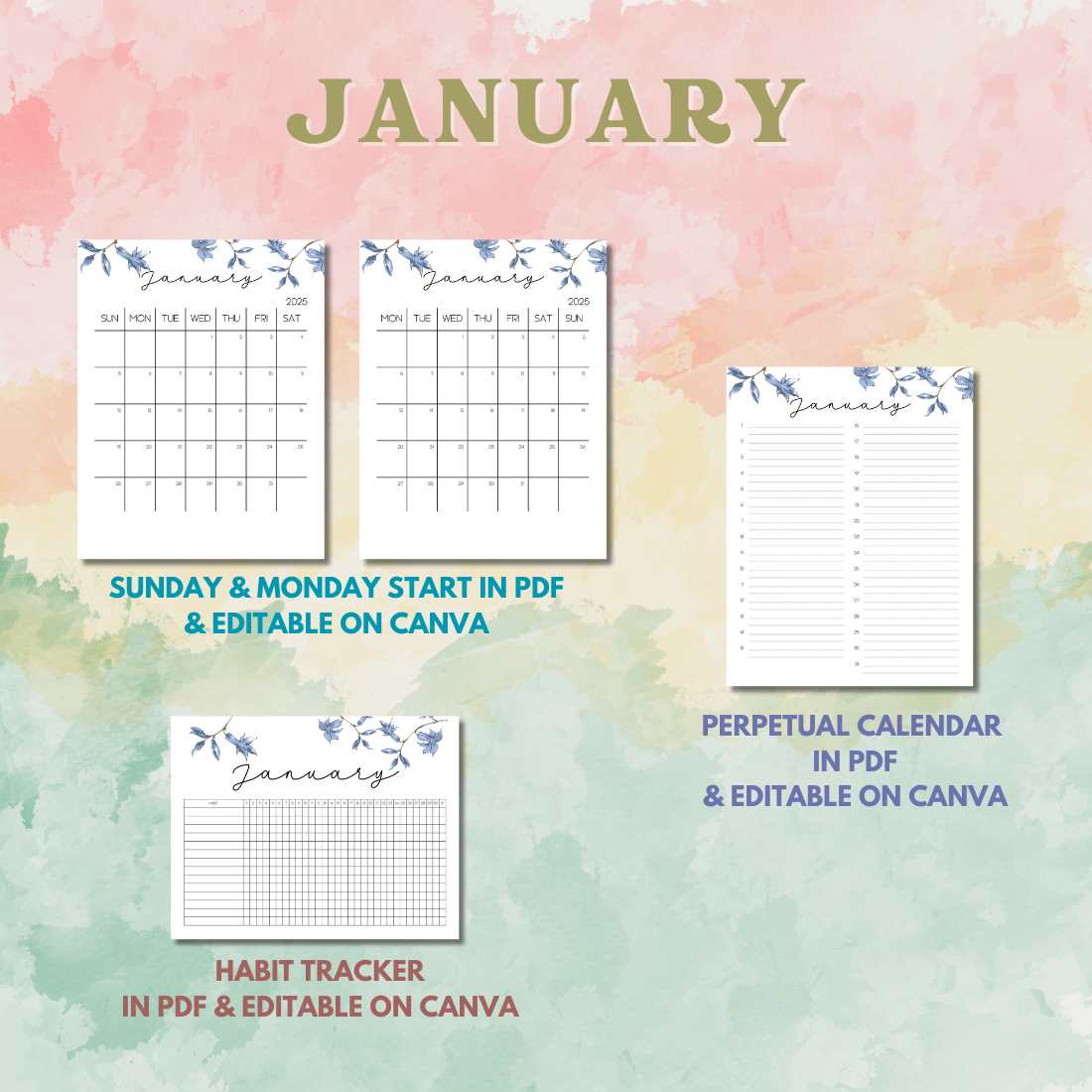 2025 Calendar Template - Editable on Canva preview image.