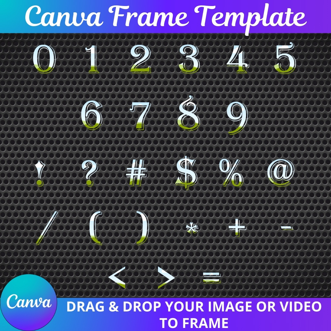 "Drag & Drop Frame Set" (letters, numbers, symbols) preview image.