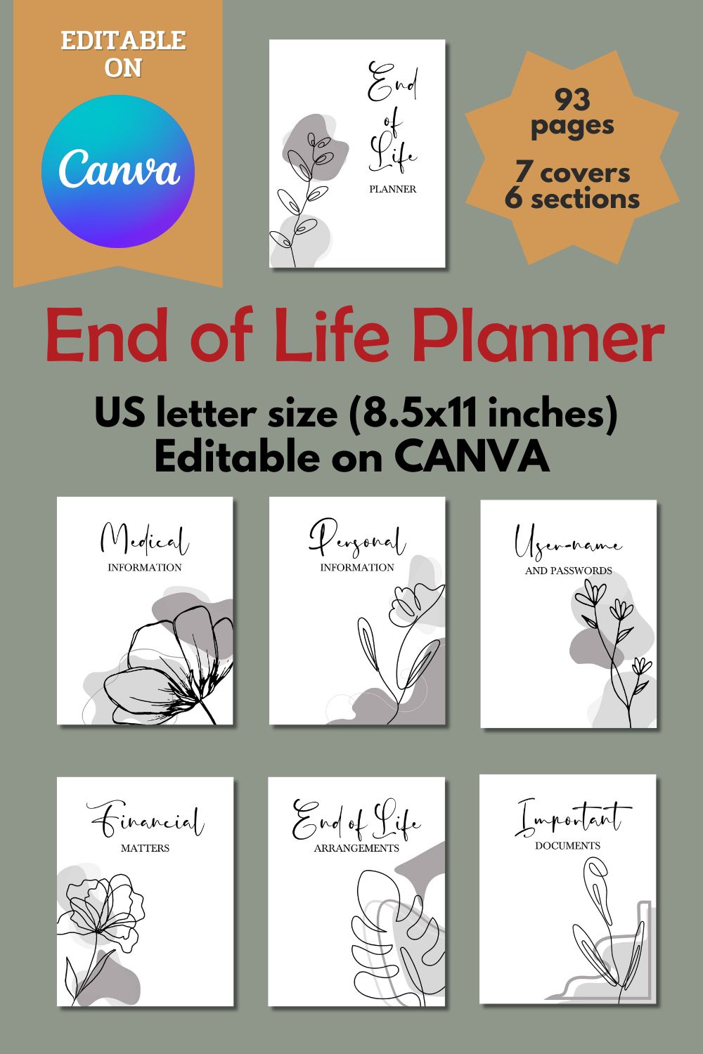 End of Life Planner - Canva Template pinterest preview image.