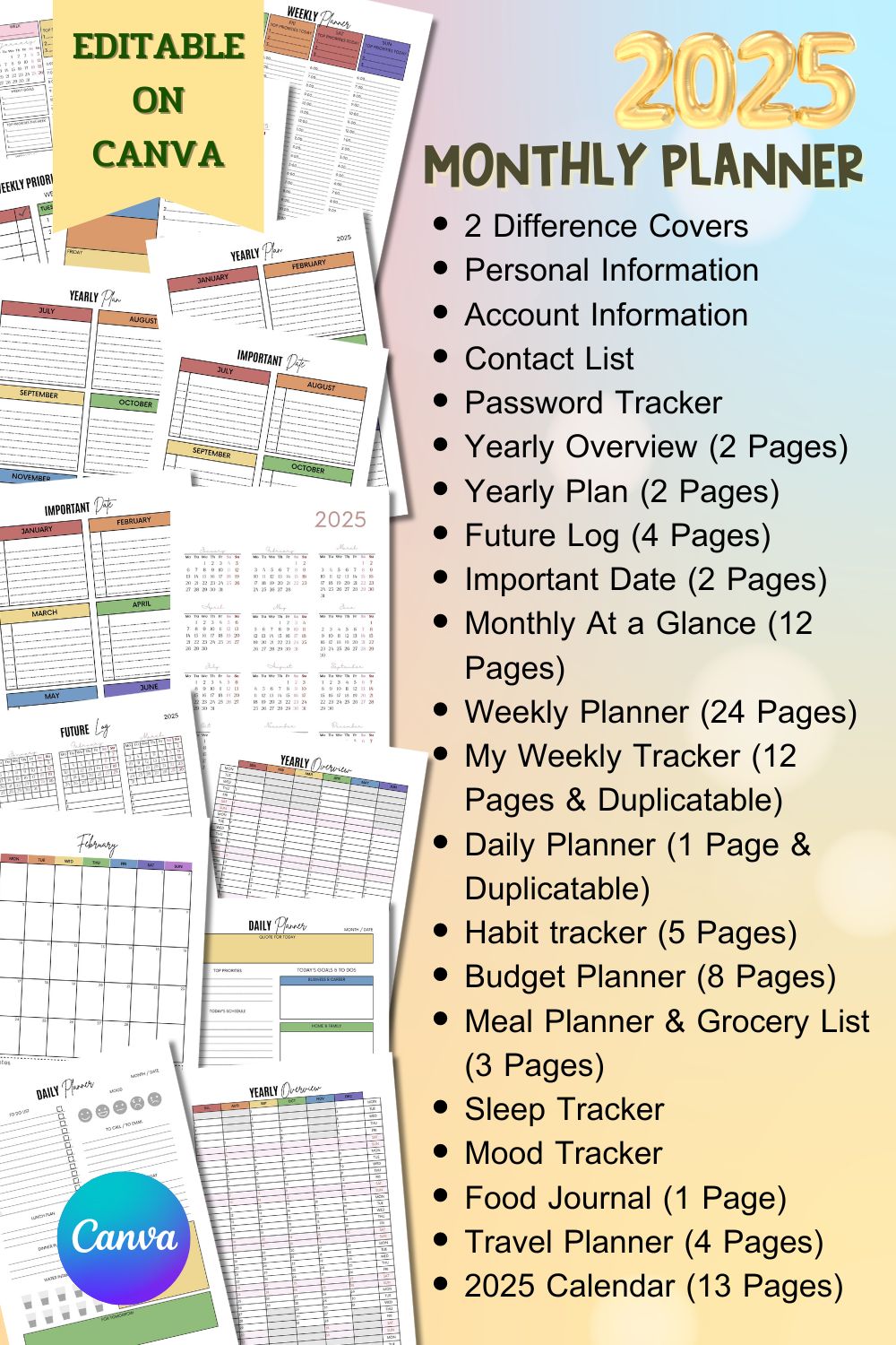 2025 Monthly Planner - Canva Template pinterest preview image.