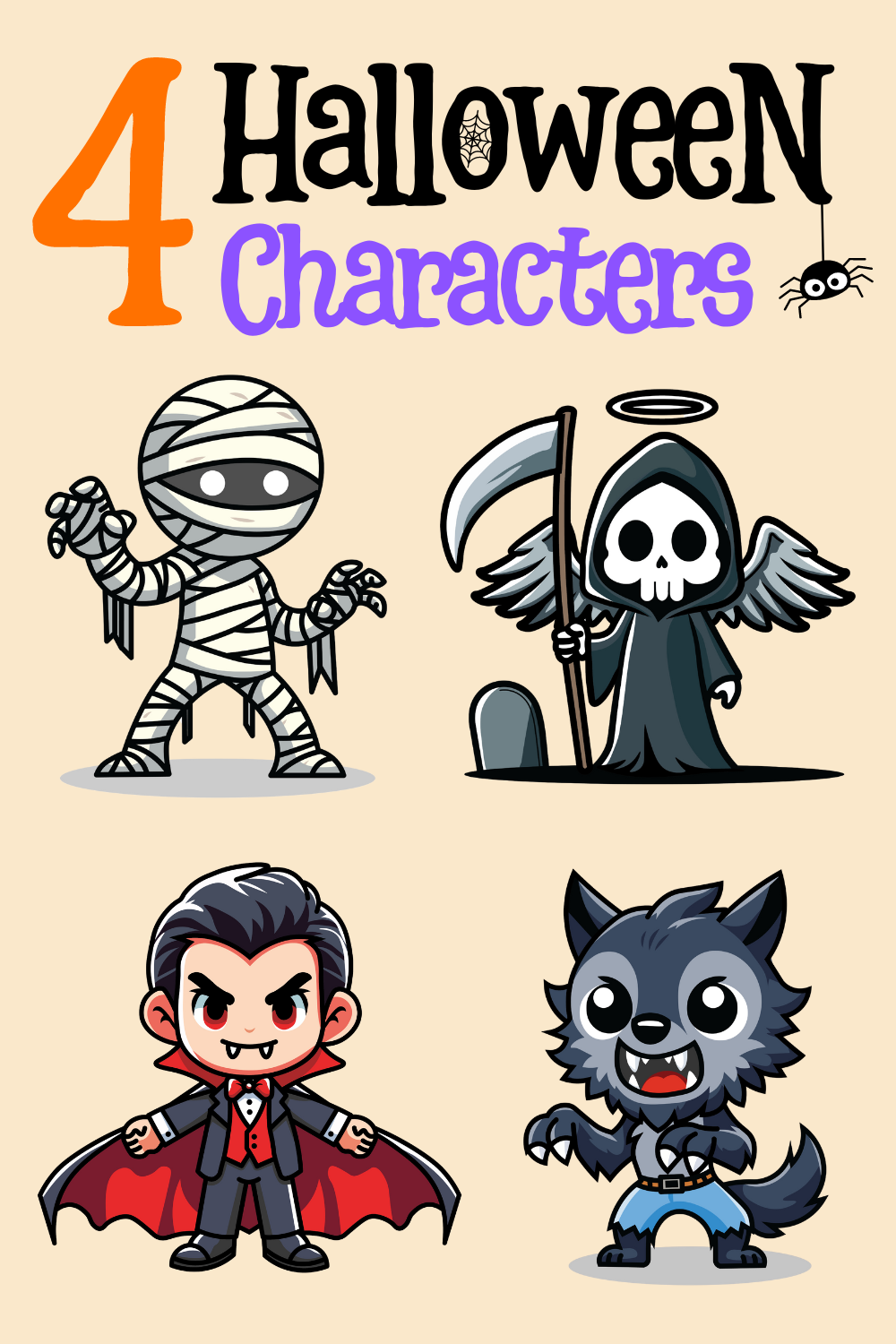 4 Adorable Mini Halloween Characters - Only 10$ pinterest preview image.