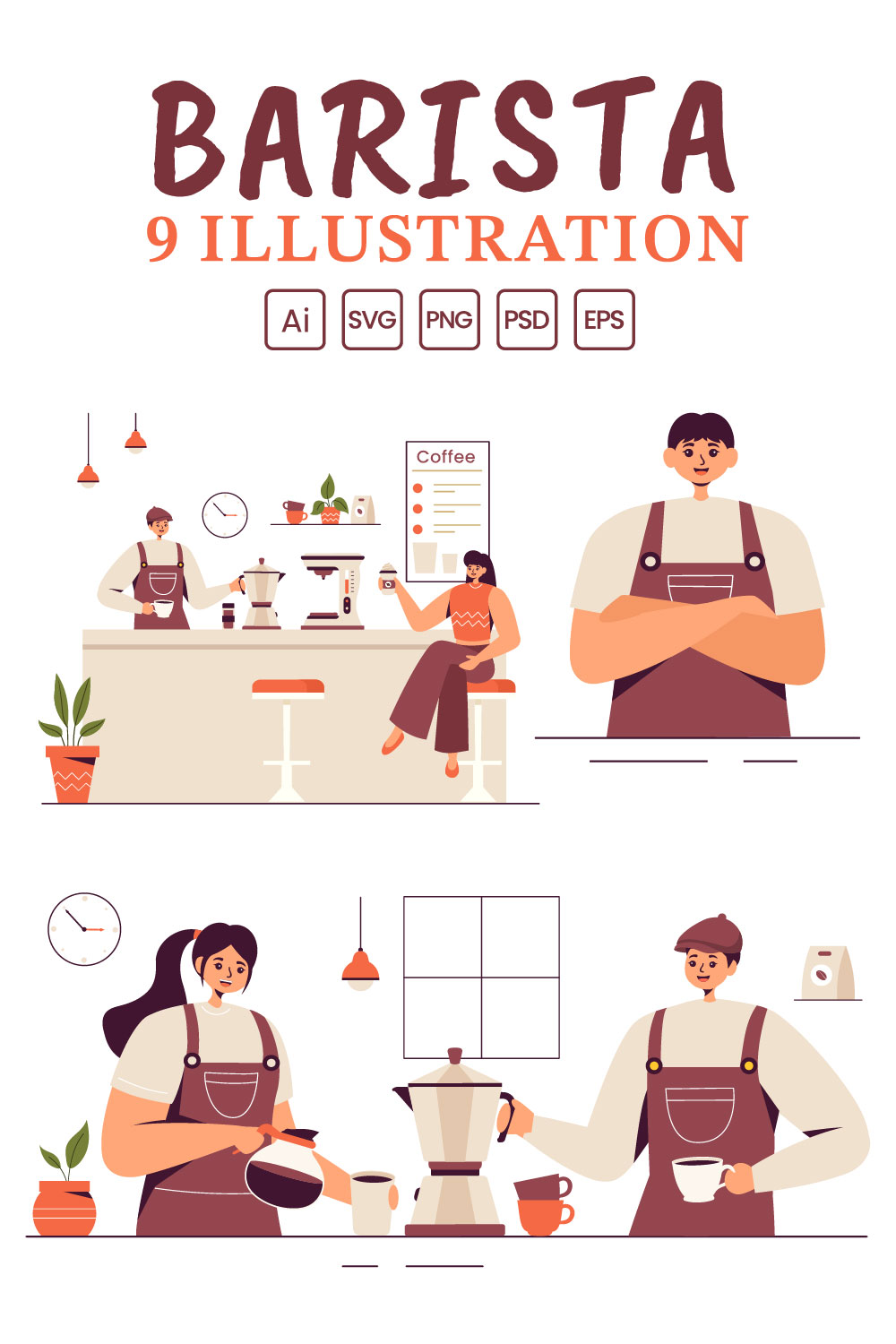 9 Barista Making Coffee Illustration pinterest preview image.