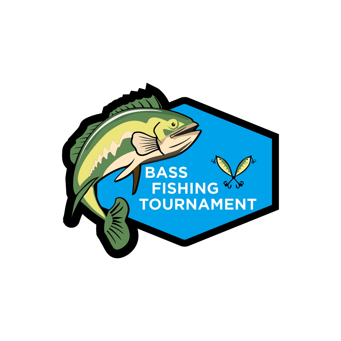 Fishing logo Sea bass with fish symbol and bait Fishing theme vector illustrationVector illustration for tshirt, website, print, clip art, poster and print on demand merchandise preview image.