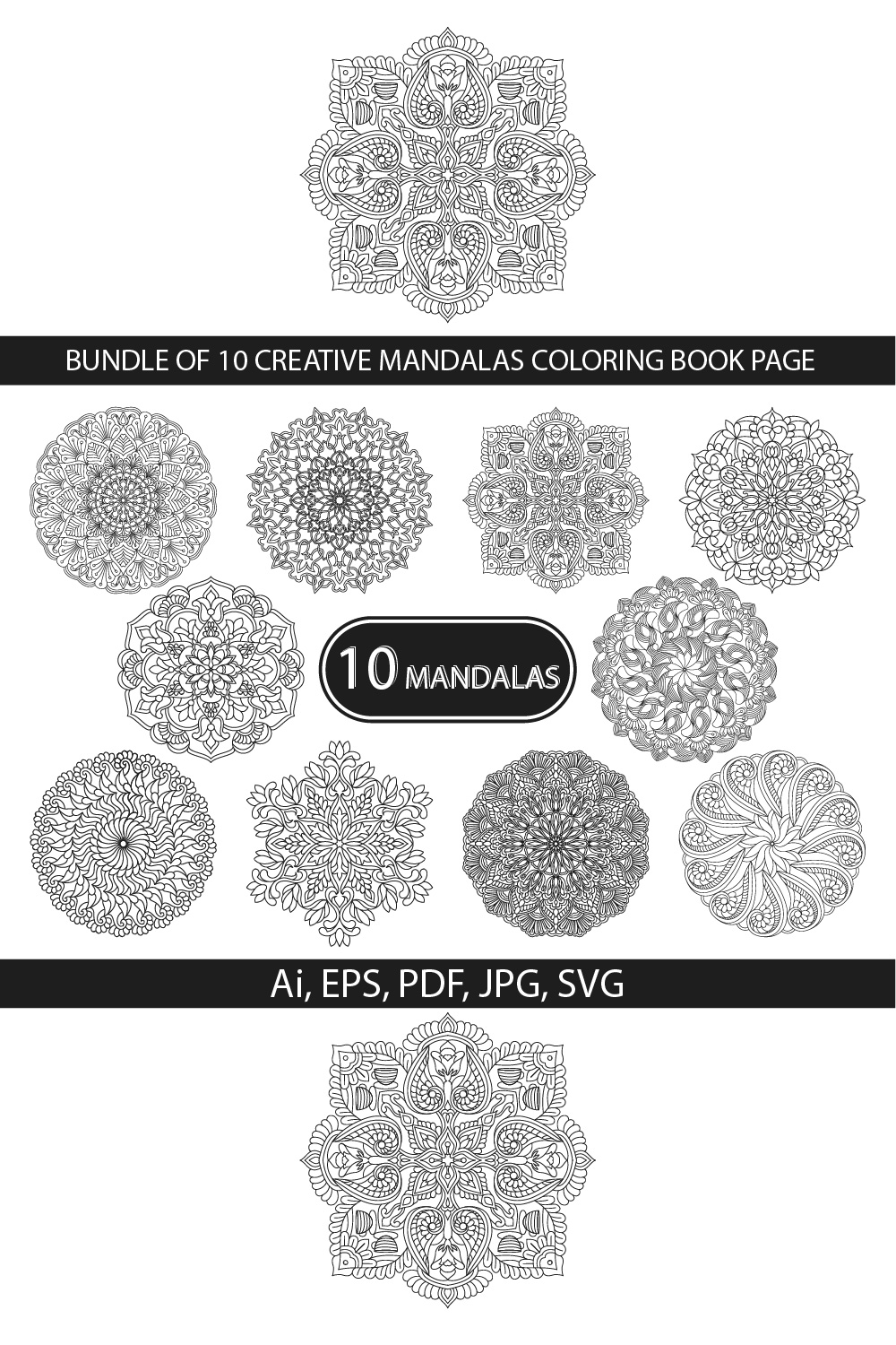 Bundle of 10 Creative Mandalas Coloring Book Pages pinterest preview image.
