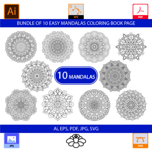Bundle of 10 Easy Mandalas Coloring Book Page cover image.