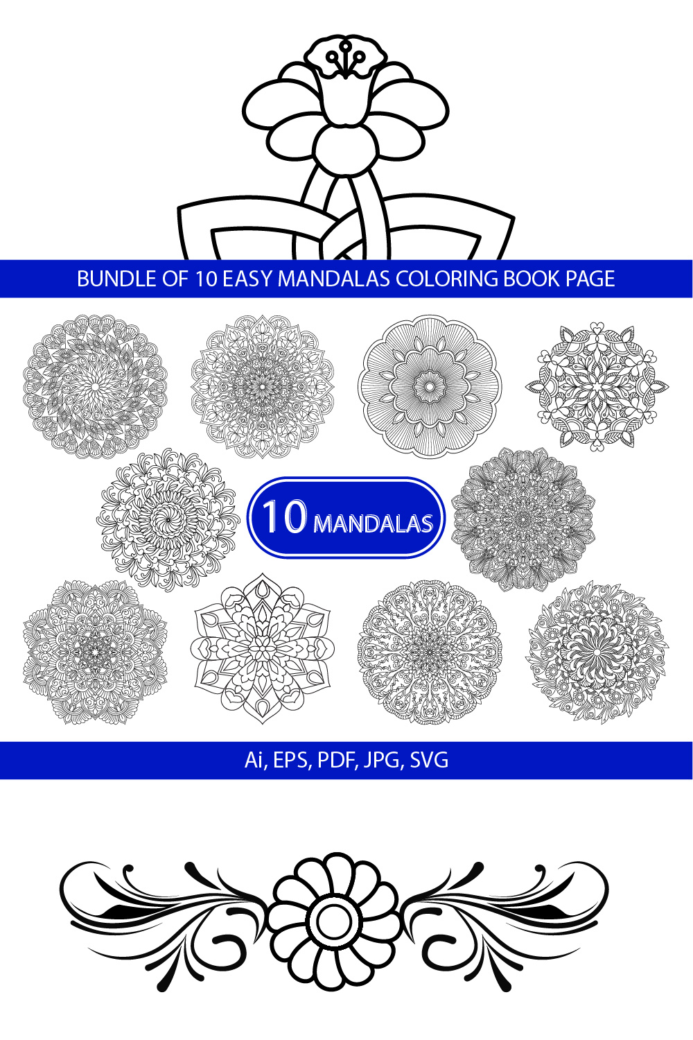 Bundle of 10 Easy Mandalas Coloring Book Page pinterest preview image.