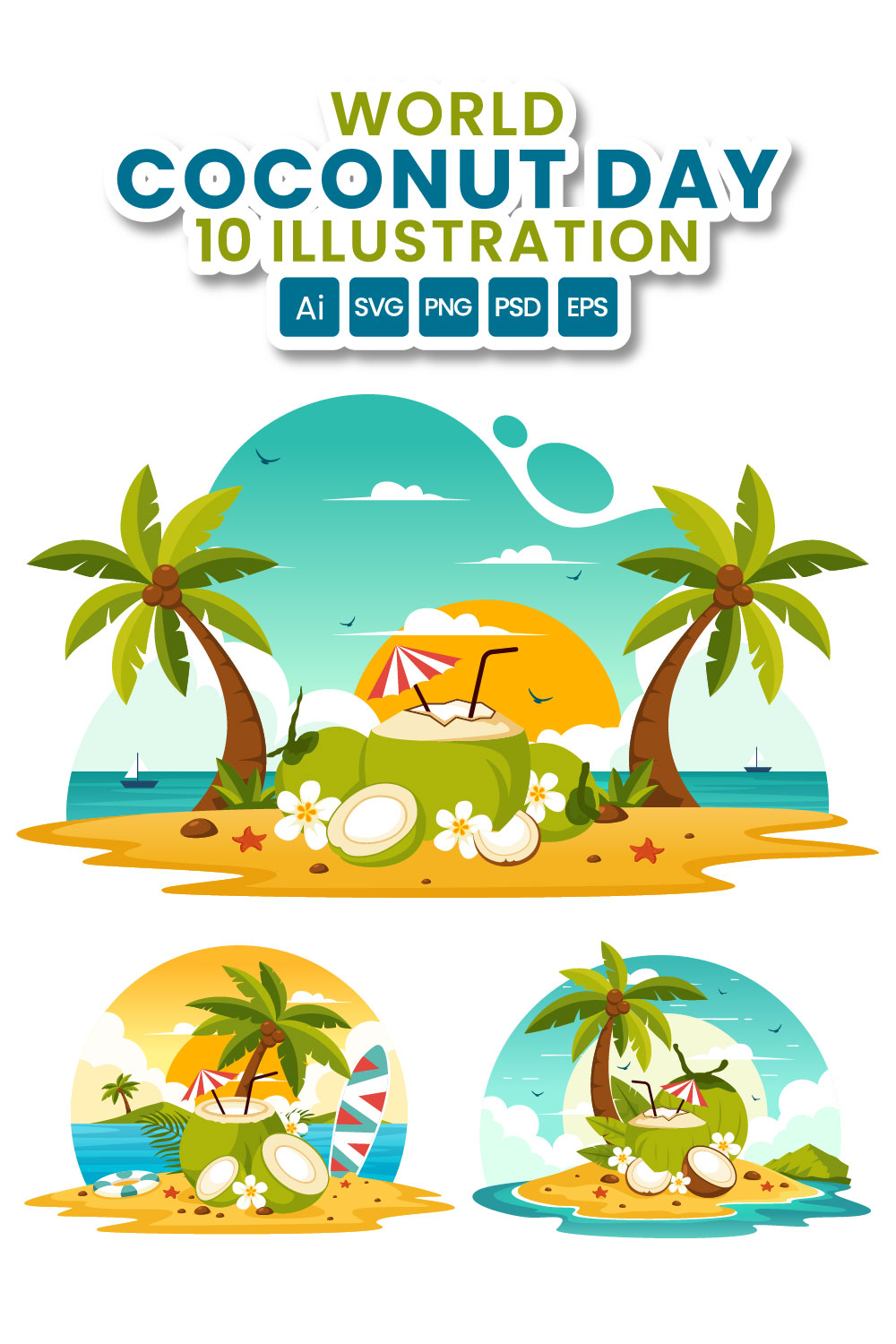 10 World Coconut Day Illustration pinterest preview image.