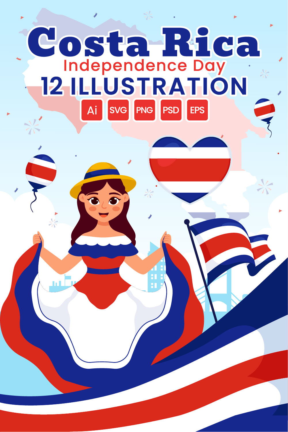 12 Independence Day of Costa Rica Illustration pinterest preview image.