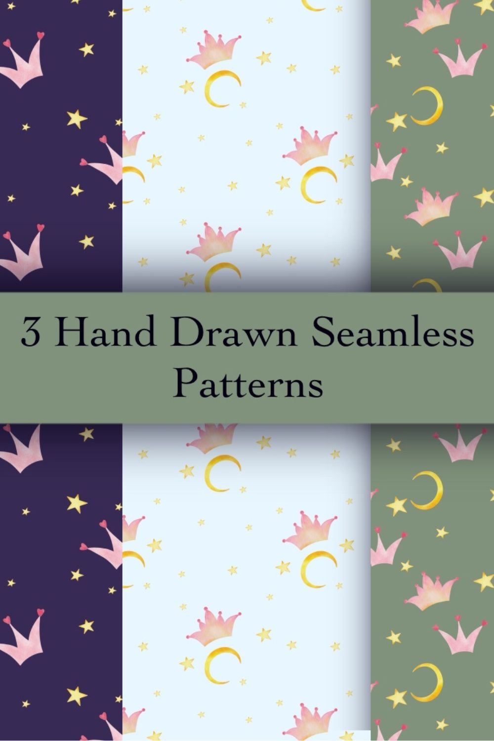 3 Hand Drawn Seamless Patterns pinterest preview image.