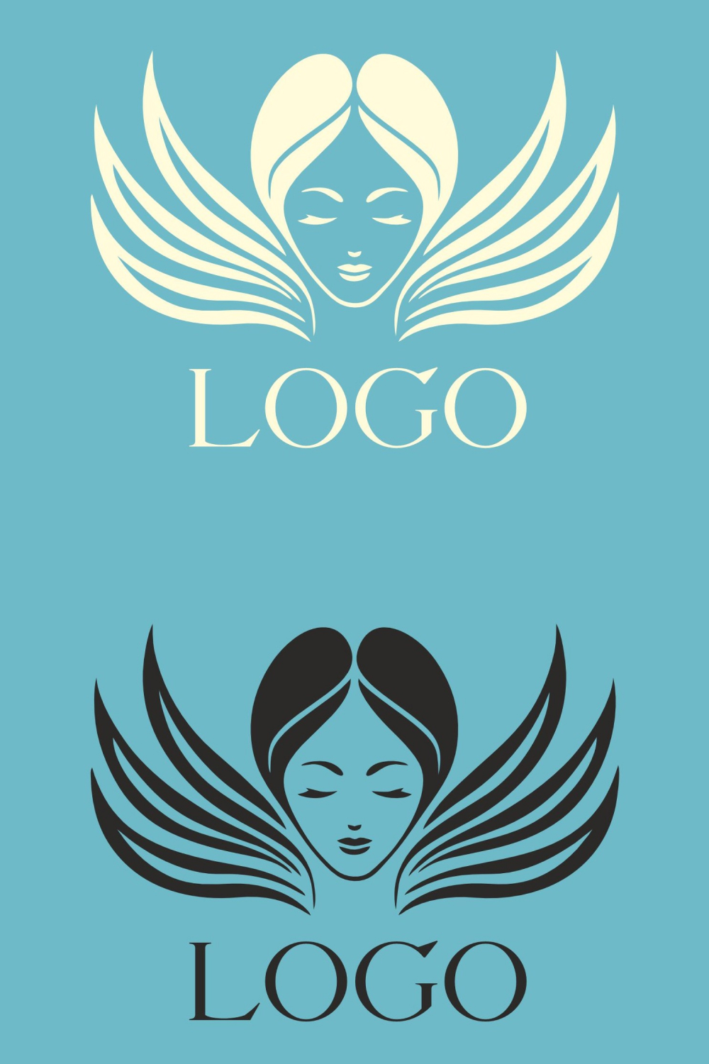 The logo with the image of a female face and wings pinterest preview image.