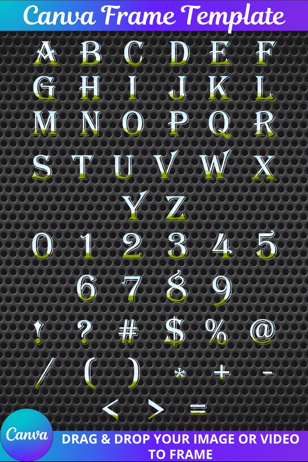 "Drag & Drop Frame Set" (letters, numbers, symbols) pinterest preview image.