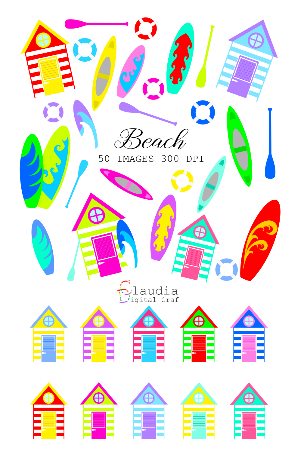 50 Summer beach Clip Art, Beach Hut Nautical, Colorful Surfboards, Vacation Icons, Hot Summer Vacation, Sport in the Waves, Digital PNG pinterest preview image.