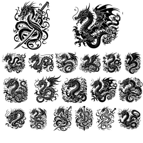 collection of black dragon tattoos in vector format cover image.