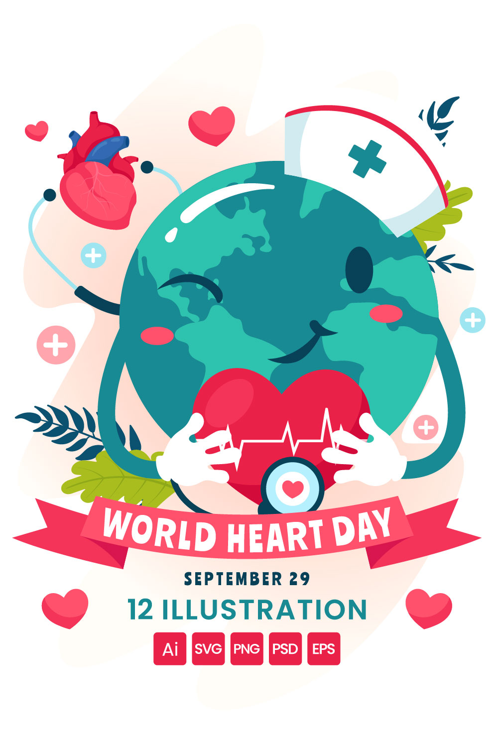 12 World Heart Day Illustration pinterest preview image.