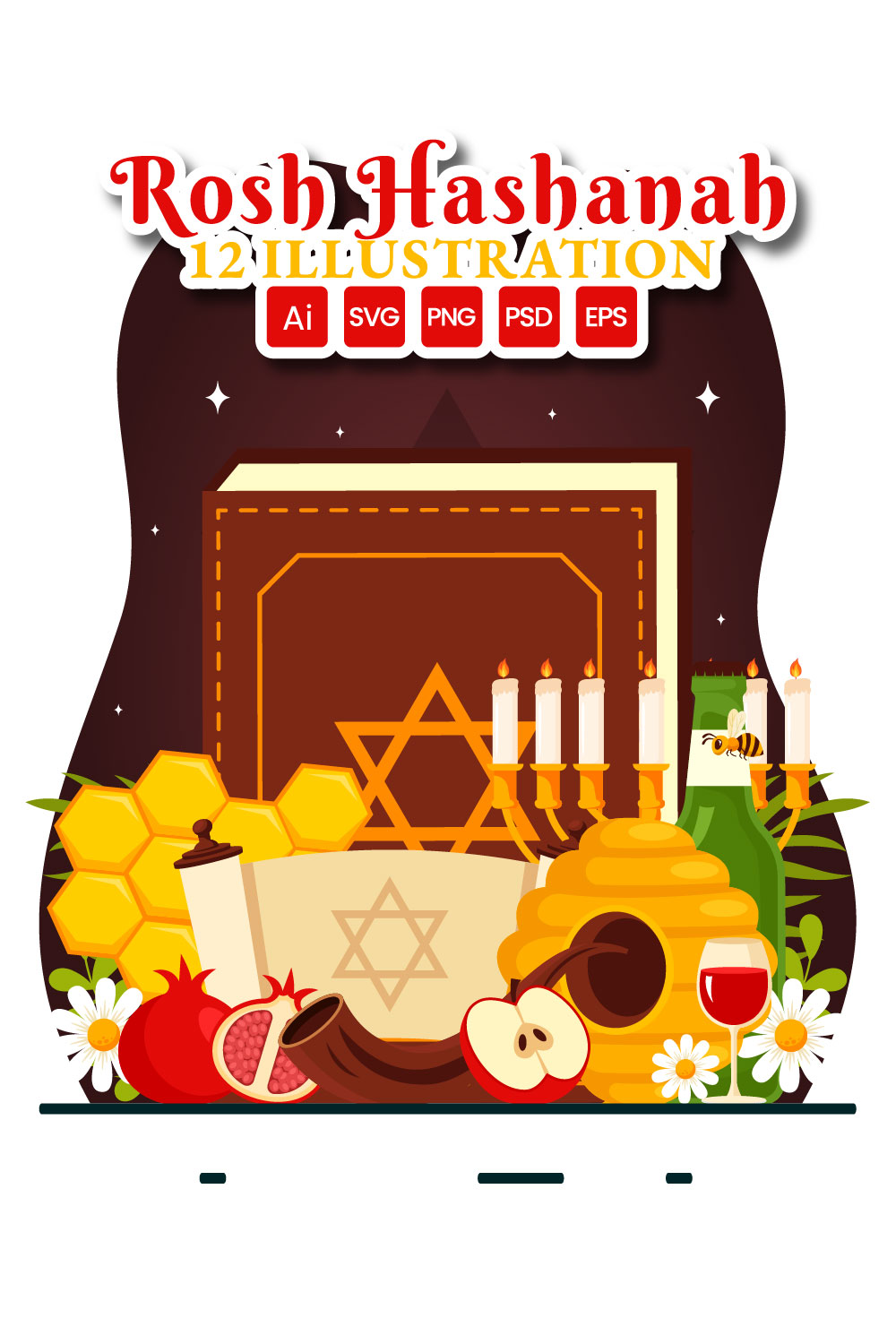 12 Happy Rosh Hashanah Illustration pinterest preview image.