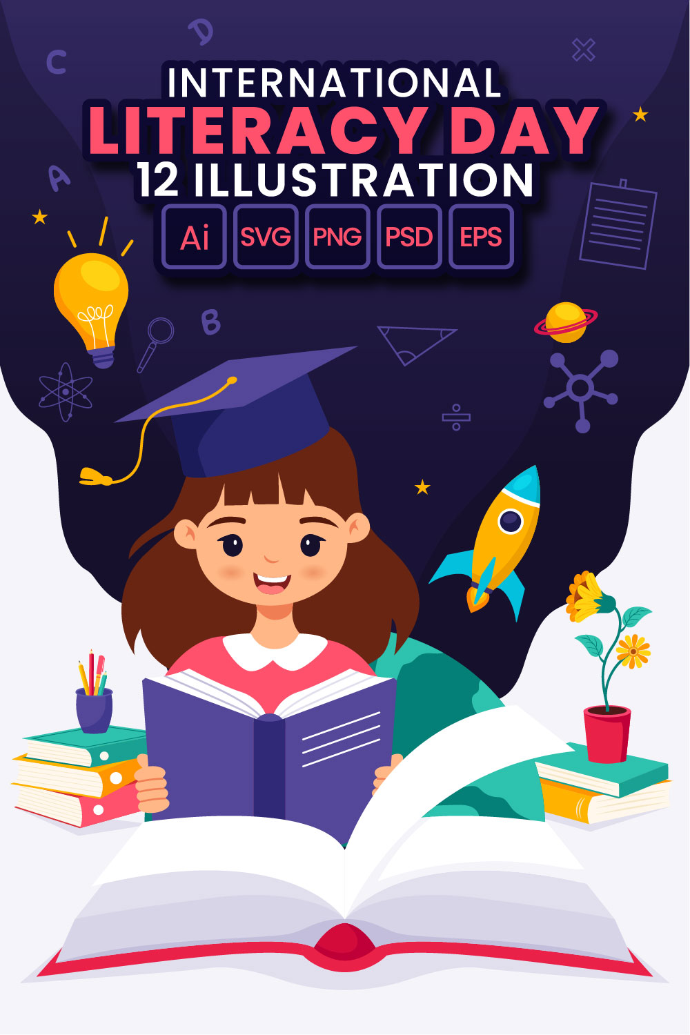 12 International Literacy Day Illustration pinterest preview image.