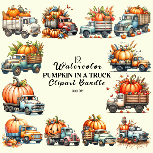 Watercolor Pumpkin In A Truck Clipart cover image.