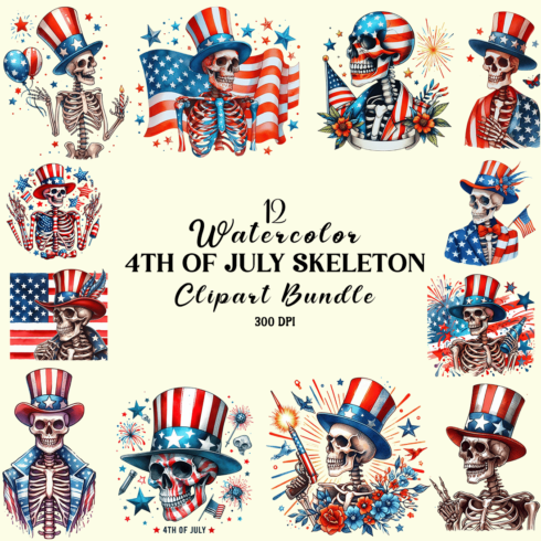 Watercolor 4th Of July Skeleton Clipart Bundle cover image.