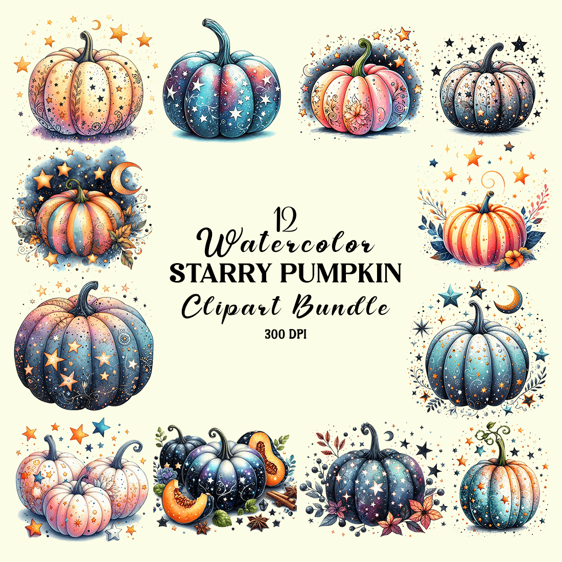 Watercolor Starry Pumpkin Clipart Bundle cover image.