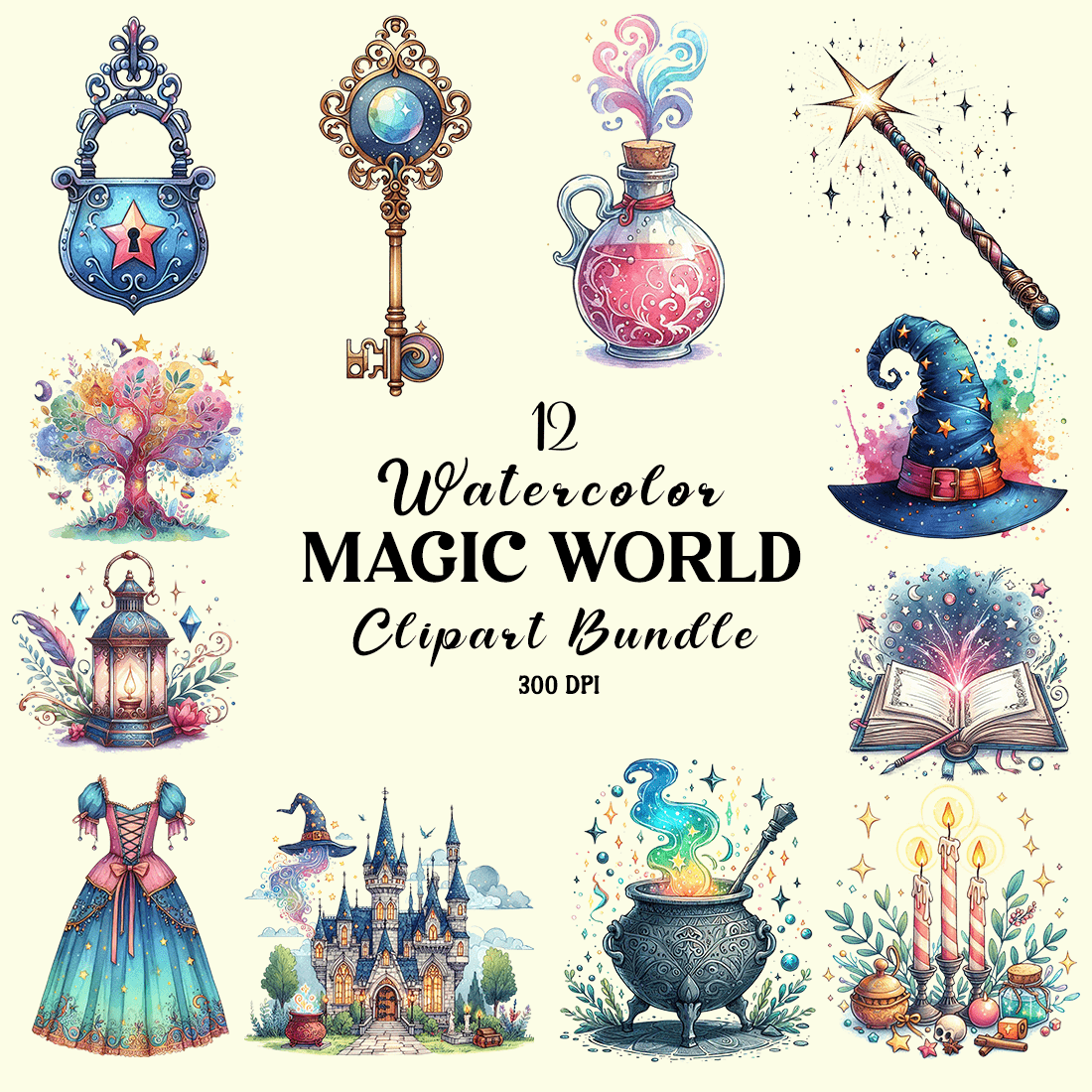 Watercolor Magic World Clipart cover image.