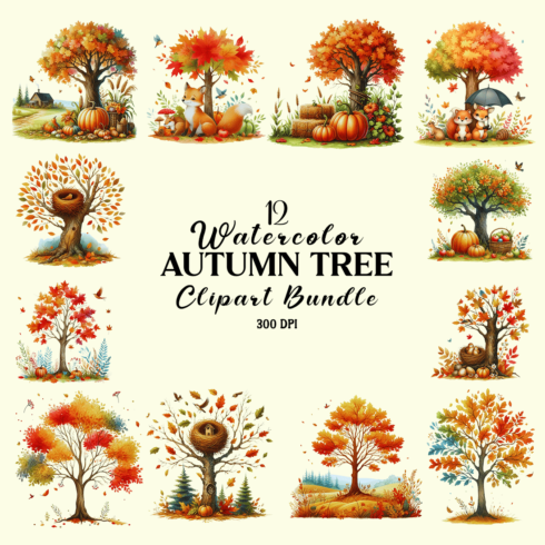 Watercolor Autumn Tree Clipart cover image.