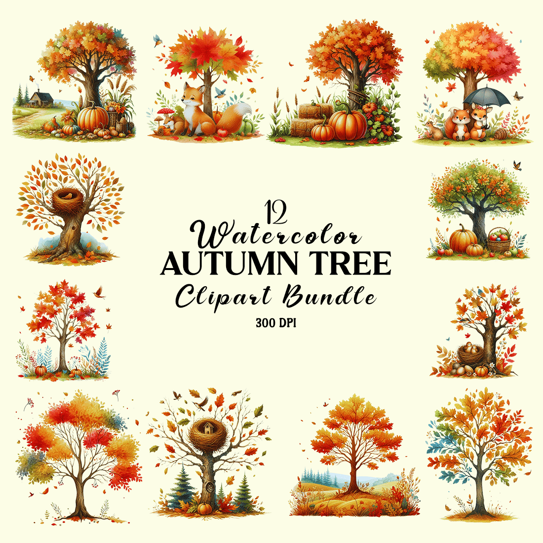 Watercolor Autumn Tree Clipart cover image.