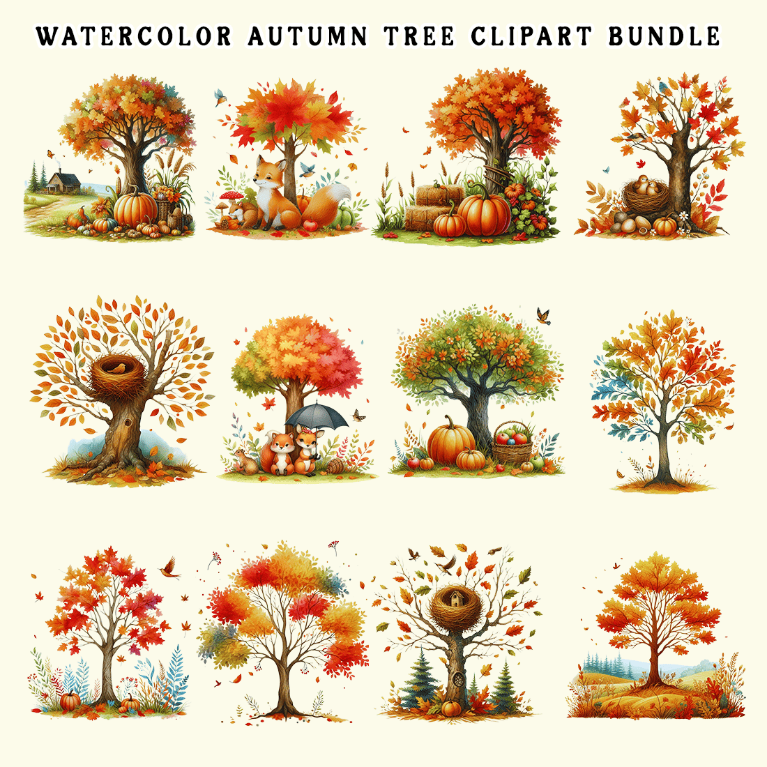 Watercolor Autumn Tree Clipart preview image.