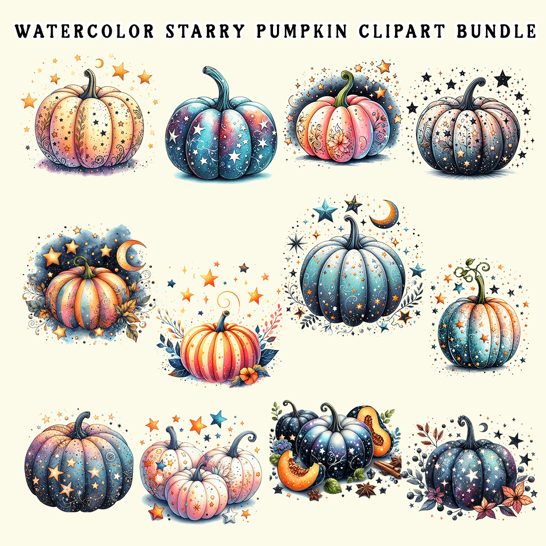 Watercolor Starry Pumpkin Clipart Bundle preview image.