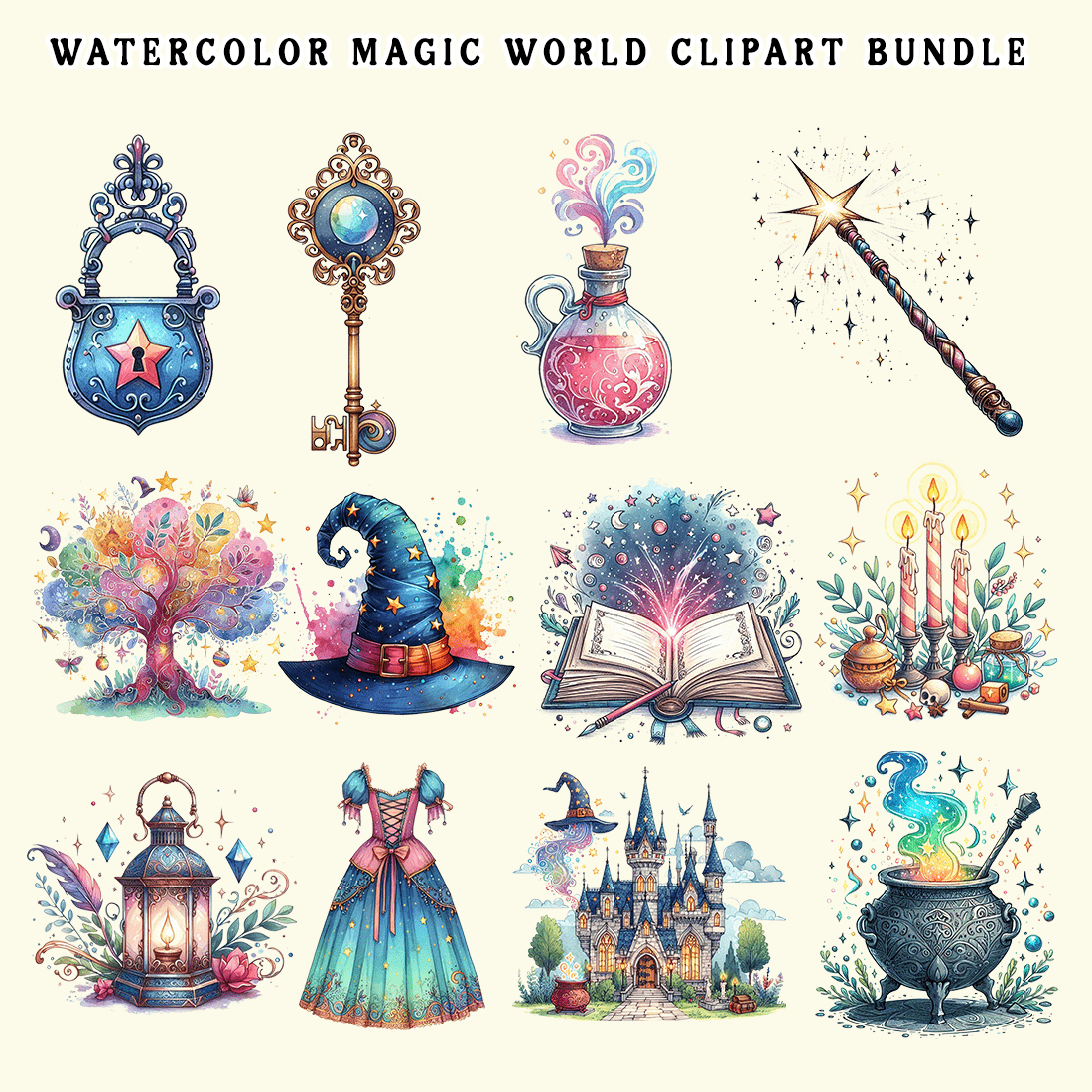 Watercolor Magic World Clipart preview image.