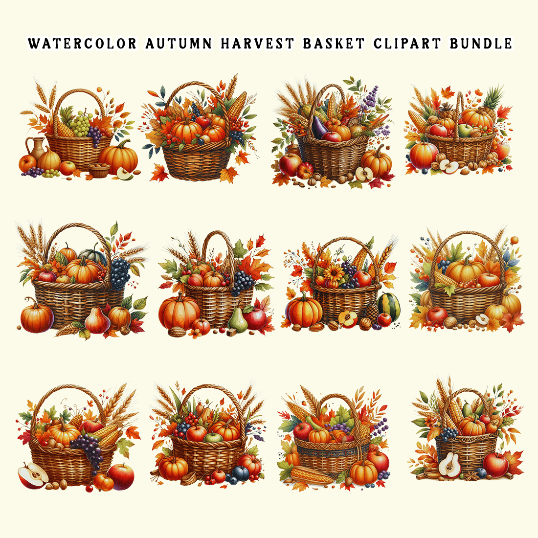 Watercolor Autumn Harvest Basket Clipart Bundle preview image.