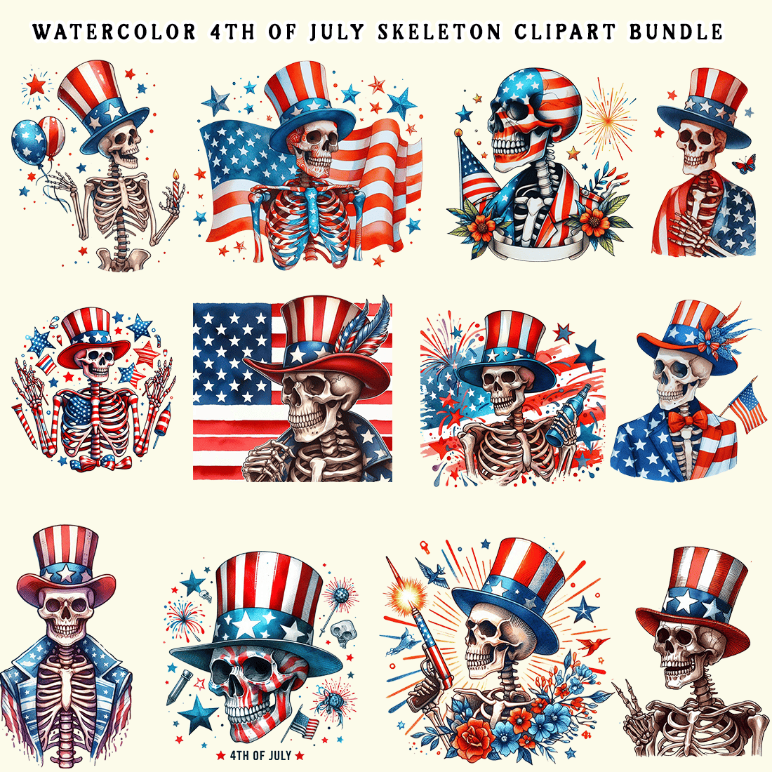 Watercolor 4th Of July Skeleton Clipart Bundle preview image.