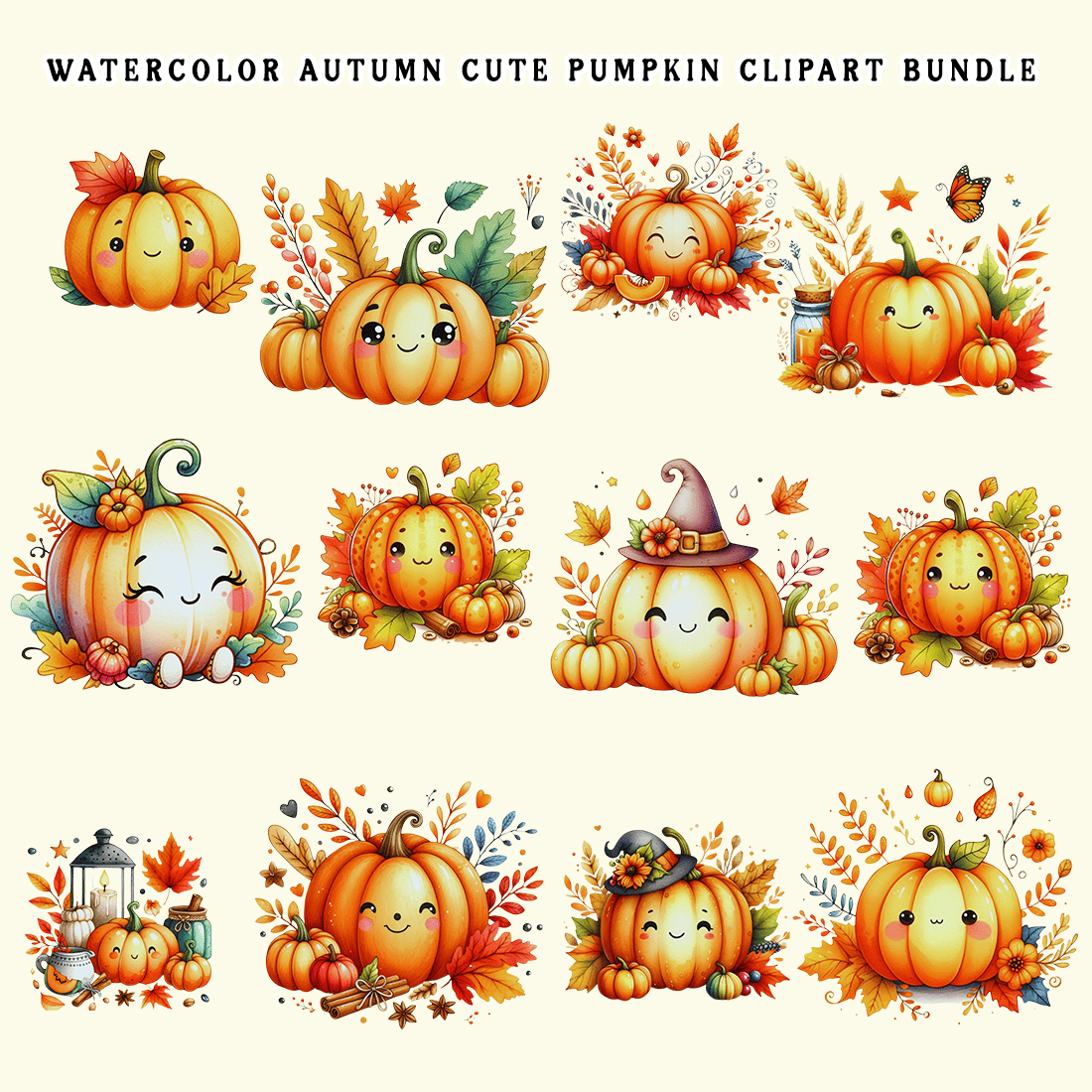 Watercolor Autumn Cute Pumpkin Clipart Bundle preview image.