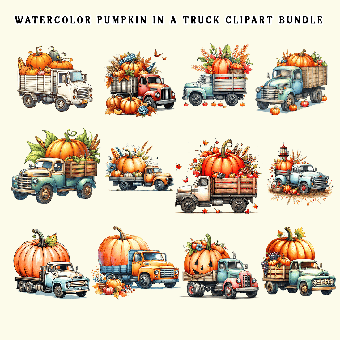 Watercolor Pumpkin In A Truck Clipart preview image.