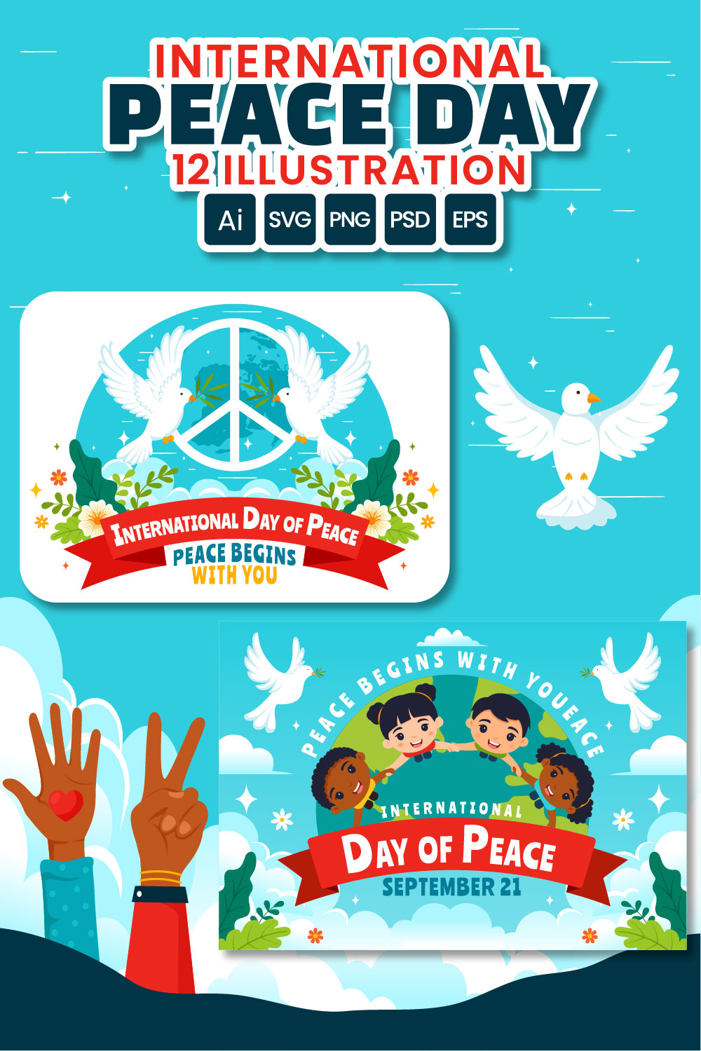 12 International Peace Day Illustration pinterest preview image.
