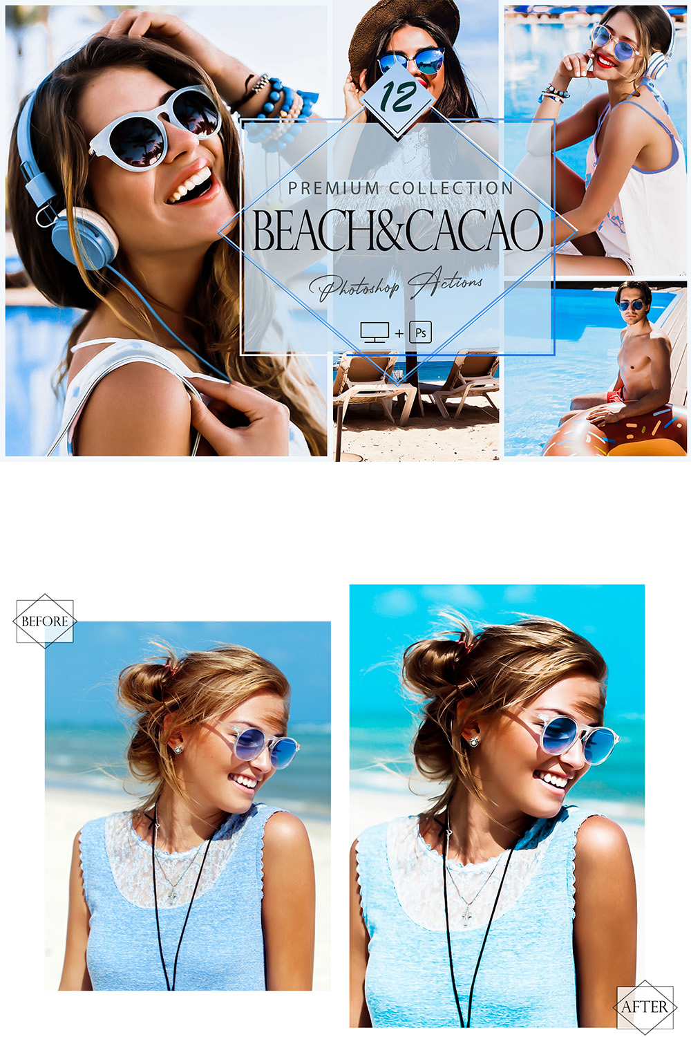 12 Photoshop Actions, Beach&Cacao Ps Action, Aqua Blue ACR Preset, Bright Filter, Lifestyle Theme For Instagram, Spring Presets, Warm Portrait pinterest preview image.