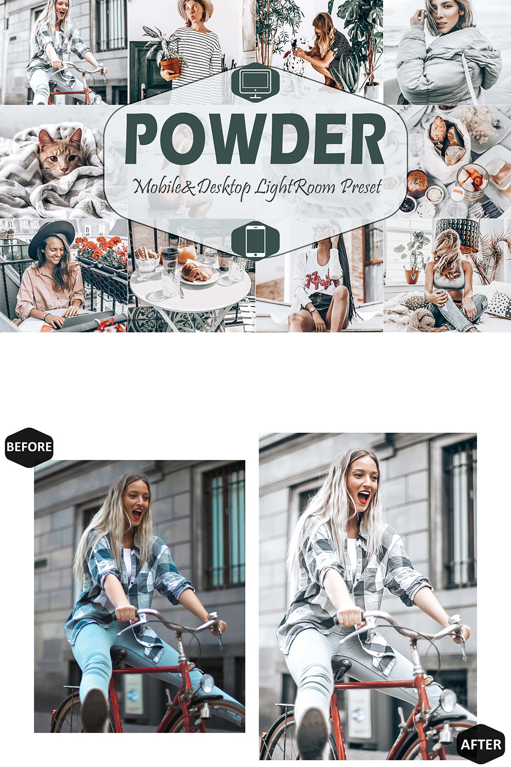 10 Powder Mobile & Desktop Lightroom Presets, gray bright Filter LR preset, Portrait, DNG Lifestyle Blogger Photographer Instagram Theme pinterest preview image.