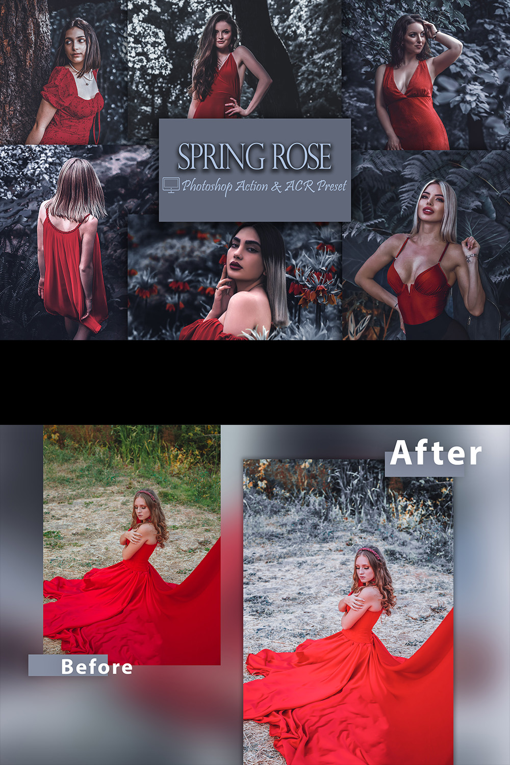 12 Photoshop Actions, Spring Rose Ps Action, Green Blue ACR Preset, Saturation Filter, Lifestyle Theme For Instagram, Professional Portrait pinterest preview image.