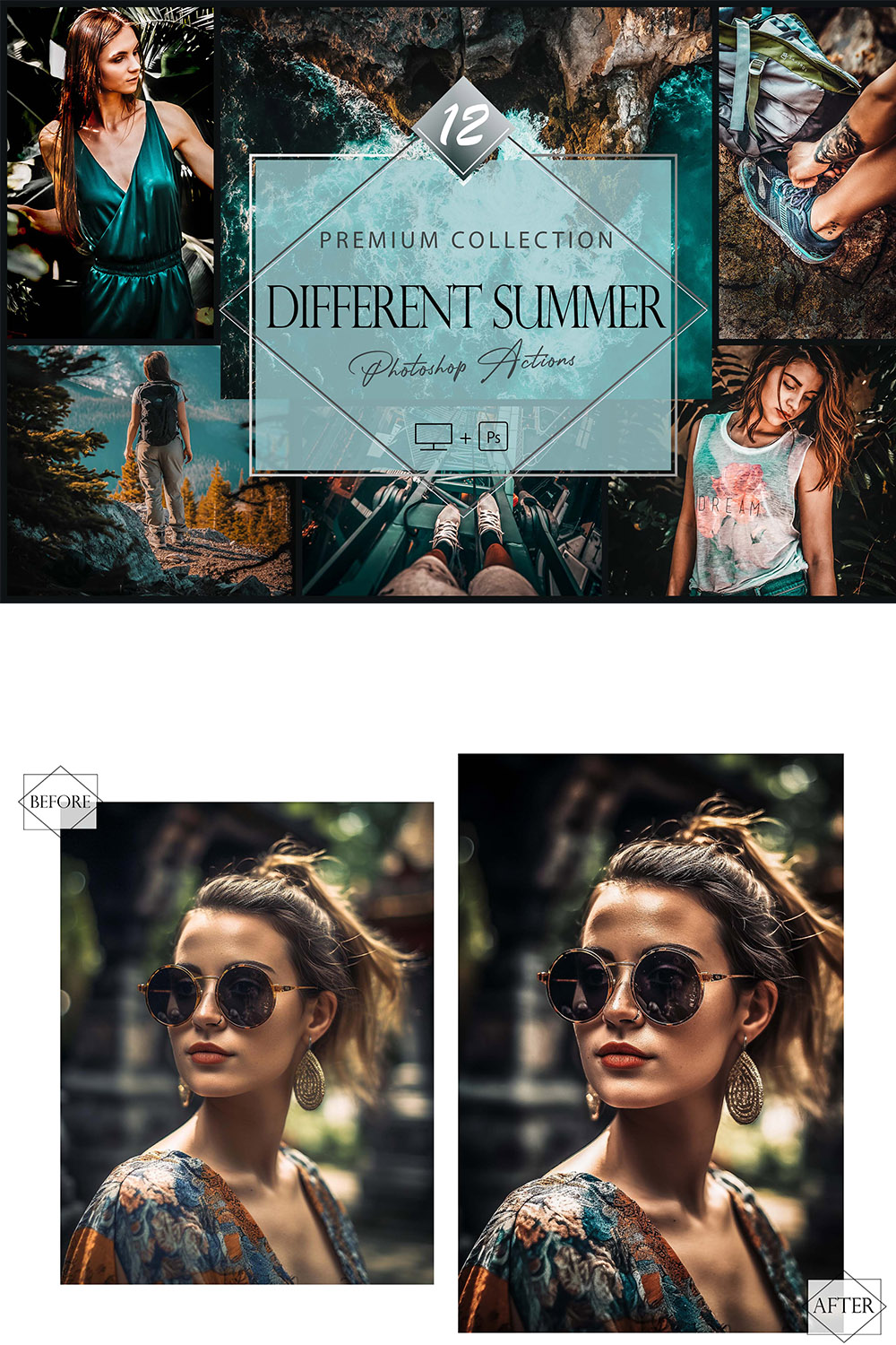 12 Photoshop Actions, Different Summer Ps Action, Moody ACR Preset, Blue Filter, Lifestyle Theme For Instagram, Dark Presets, Warm Portrait pinterest preview image.