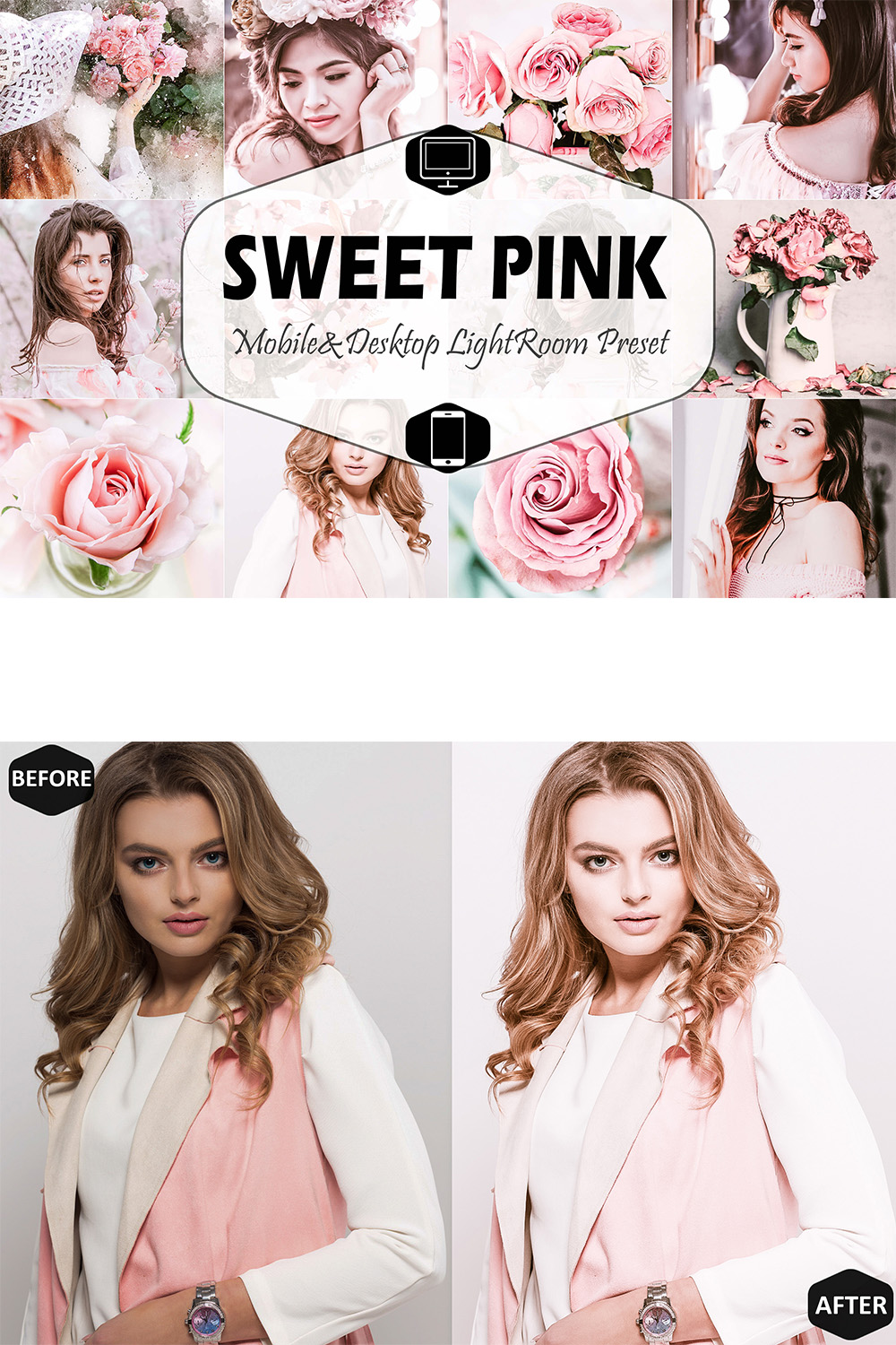 Sweet Pink Mobile & Desktop Lightroom Presets, Bright modern LR preset, Portrait Trendy Filter, DNG Travel Lifestyle Instagram Theme pinterest preview image.